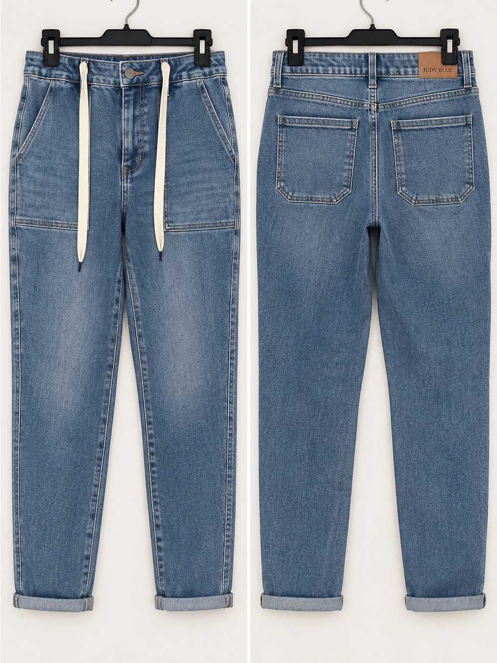 Judy Blue Medium Blue Drawstring Boyfriend Jeans